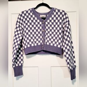 Sincerely Jules Womens Checker  Crop Knit Sweater Cardigan Sz S Blue Cozy Chic